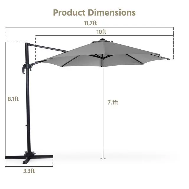 Alt view image 5 of 6 - Patio Umbrella Outdoor,10 Feet Cantilever Umbrella Aluminum Offset Umbrella with 360-degree Rotation for Backyard, Pool, Lawn, Deck (Round, Gray)