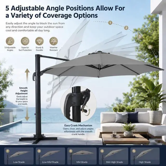Alt view image 6 of 6 - Patio Umbrella Outdoor,10 Feet Cantilever Umbrella Aluminum Offset Umbrella with 360-degree Rotation for Backyard, Pool, Lawn, Deck (Round, Gray)