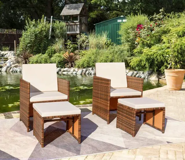 Main image of 4 Pieces Patio Wicker Furniture Set Outdoor Patio Chairs with Ottomans All Weather Cushioned Chairs Balcony Porch Furniture (Beige)