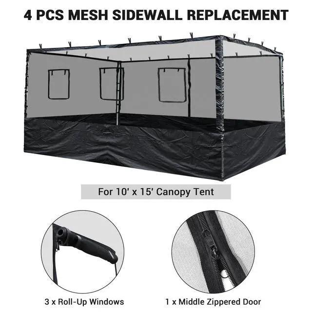 Alt view image 3 of 6 - Pop Up Canopy Half Mesh Sidewall with Windows for 10x15 ft Outdoor Camping Fishing Tent Mesh Enclosures,4pcs Screened Wall Only