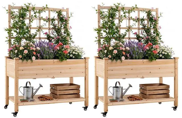 Main image of 65'' Wooden Raised Garden Bed w/Trellis on Wheels Set 2, Mobile Elevated Planter Box w/Legs, Liner & Drainage Holes for Climbing Plant Vegetable Herb Flower, Outdoor Garden Box, Backyard