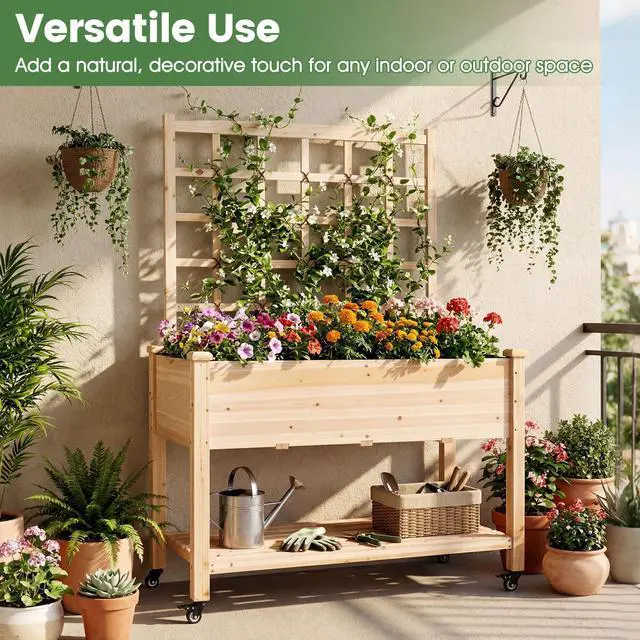 Alt view image 5 of 6 - 65'' Wooden Raised Garden Bed w/Trellis on Wheels Set 2, Mobile Elevated Planter Box w/Legs, Liner & Drainage Holes for Climbing Plant Vegetable Herb Flower, Outdoor Garden Box, Backyard