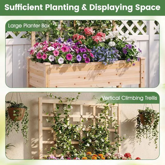 Alt view image 6 of 6 - 65'' Wooden Raised Garden Bed w/Trellis on Wheels Set 2, Mobile Elevated Planter Box w/Legs, Liner & Drainage Holes for Climbing Plant Vegetable Herb Flower, Outdoor Garden Box, Backyard