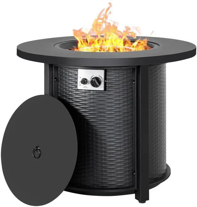 Main image of 30'' Outdoor Round Propane Fire Pit Table, CSA-Certified 2-in-1 Gas Fire Pit with Rattan-Embossed Metal Frame, Stainless Steel Burner, Lid & Lava Rocks, for Patio Dining & Party, Black