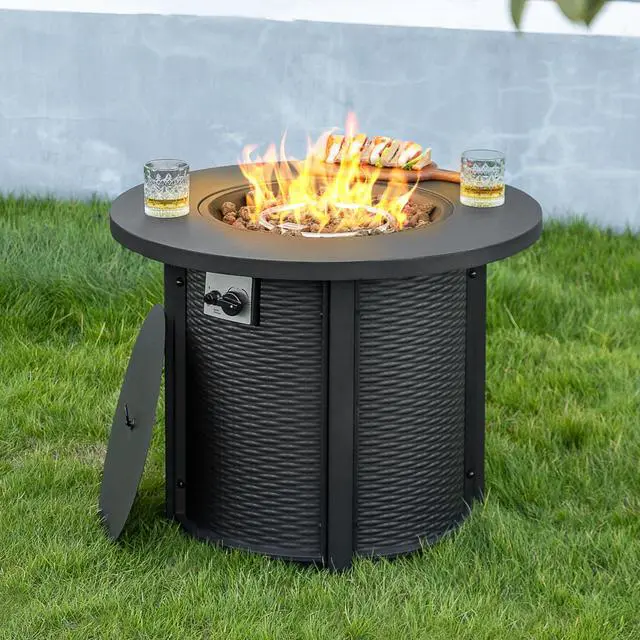 Alt view image 2 of 6 - 30'' Outdoor Round Propane Fire Pit Table, CSA-Certified 2-in-1 Gas Fire Pit with Rattan-Embossed Metal Frame, Stainless Steel Burner, Lid & Lava Rocks, for Patio Dining & Party, Black