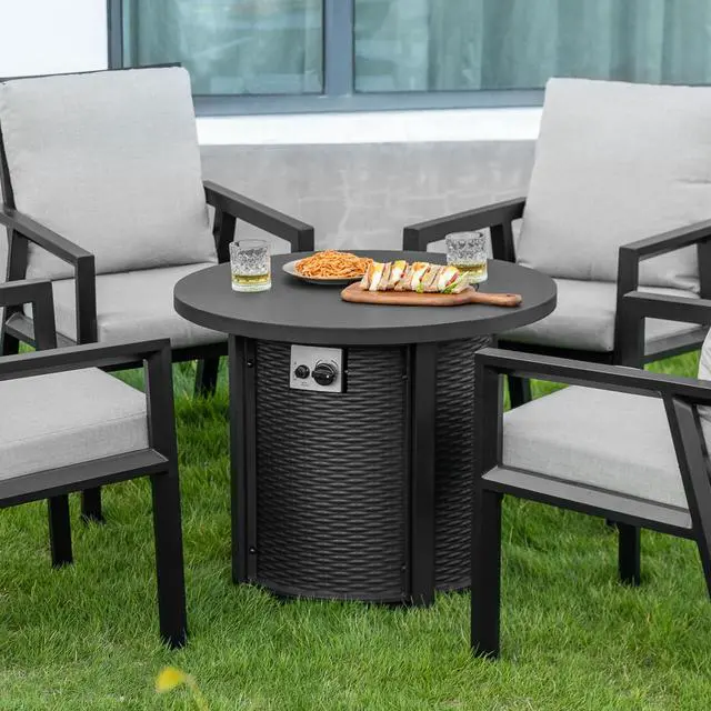 Alt view image 3 of 6 - 30'' Outdoor Round Propane Fire Pit Table, CSA-Certified 2-in-1 Gas Fire Pit with Rattan-Embossed Metal Frame, Stainless Steel Burner, Lid & Lava Rocks, for Patio Dining & Party, Black