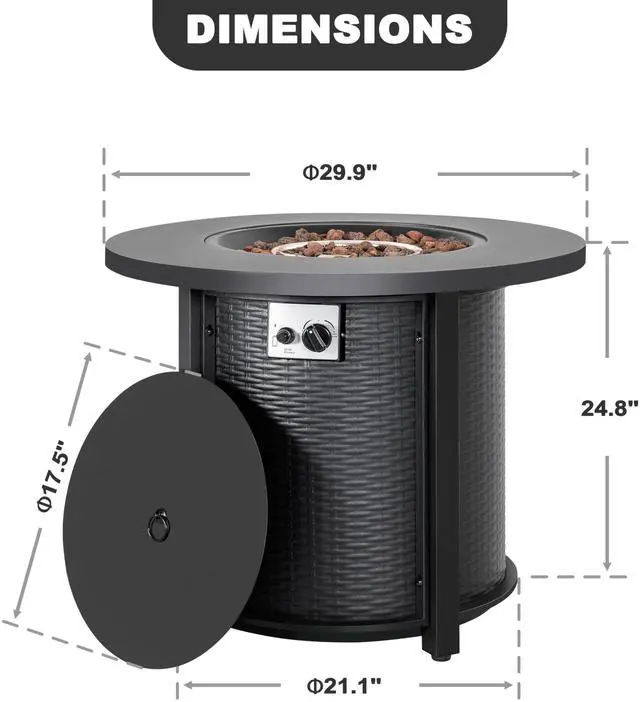 Alt view image 4 of 6 - 30'' Outdoor Round Propane Fire Pit Table, CSA-Certified 2-in-1 Gas Fire Pit with Rattan-Embossed Metal Frame, Stainless Steel Burner, Lid & Lava Rocks, for Patio Dining & Party, Black