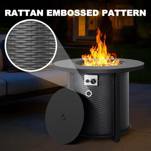 Alt view image 6 of 6 - 30'' Outdoor Round Propane Fire Pit Table, CSA-Certified 2-in-1 Gas Fire Pit with Rattan-Embossed Metal Frame, Stainless Steel Burner, Lid & Lava Rocks, for Patio Dining & Party, Black
