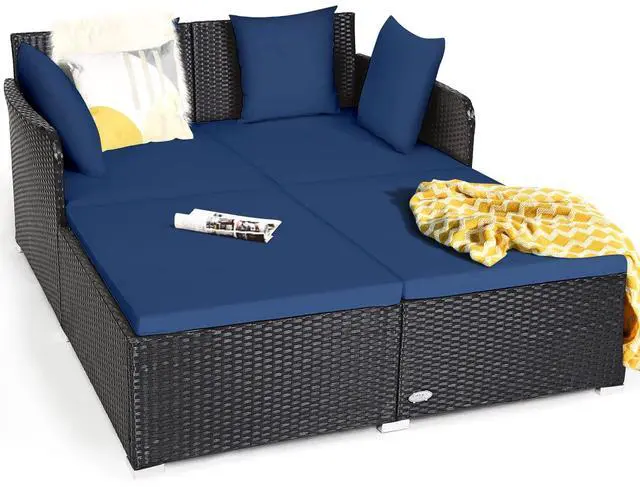 Main image of Outdoor Rattan Daybed, Patio Sunbed Sofa Set with Cushion & Pillows, Sturdy Aluminum Foot, Wicker Patio Furniture Double Bed Lounger for Garden Porch Poolside