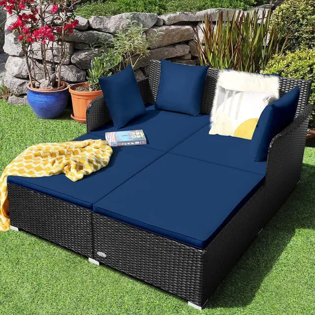 Alt view image 2 of 6 - Outdoor Rattan Daybed, Patio Sunbed Sofa Set with Cushion & Pillows, Sturdy Aluminum Foot, Wicker Patio Furniture Double Bed Lounger for Garden Porch Poolside