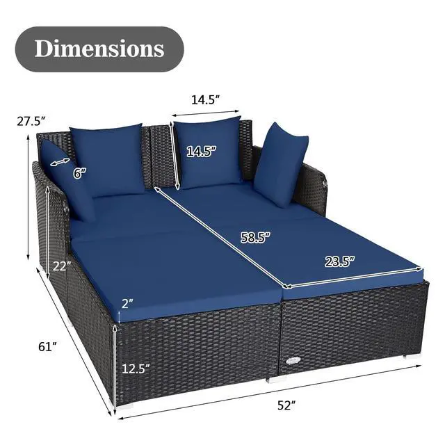 Alt view image 3 of 6 - Outdoor Rattan Daybed, Patio Sunbed Sofa Set with Cushion & Pillows, Sturdy Aluminum Foot, Wicker Patio Furniture Double Bed Lounger for Garden Porch Poolside