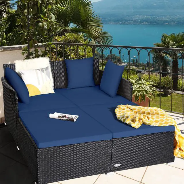 Alt view image 4 of 6 - Outdoor Rattan Daybed, Patio Sunbed Sofa Set with Cushion & Pillows, Sturdy Aluminum Foot, Wicker Patio Furniture Double Bed Lounger for Garden Porch Poolside