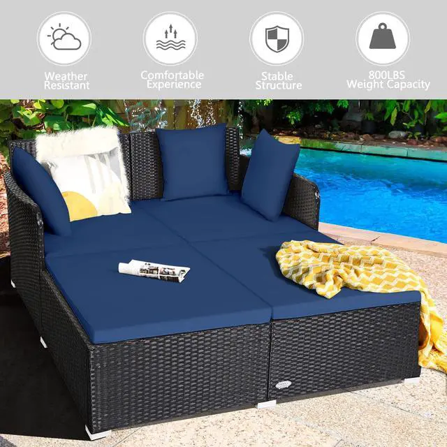 Alt view image 5 of 6 - Outdoor Rattan Daybed, Patio Sunbed Sofa Set with Cushion & Pillows, Sturdy Aluminum Foot, Wicker Patio Furniture Double Bed Lounger for Garden Porch Poolside