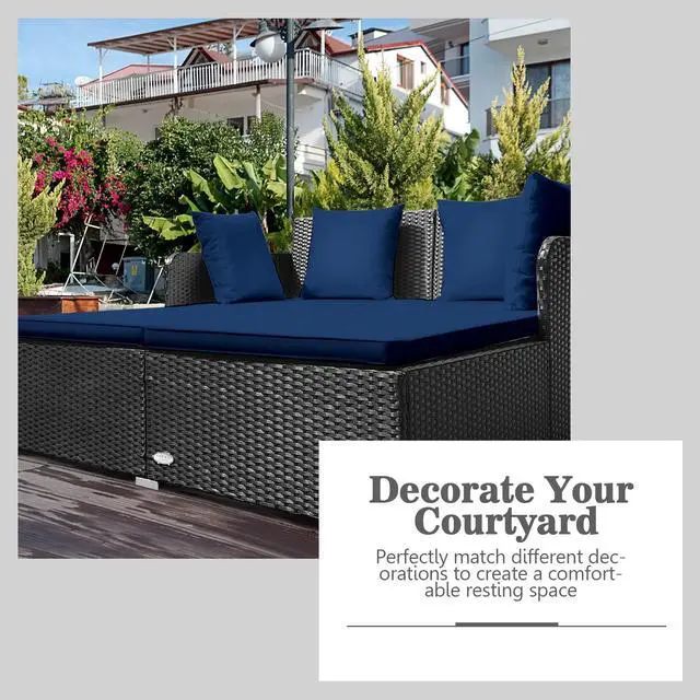 Alt view image 6 of 6 - Outdoor Rattan Daybed, Patio Sunbed Sofa Set with Cushion & Pillows, Sturdy Aluminum Foot, Wicker Patio Furniture Double Bed Lounger for Garden Porch Poolside