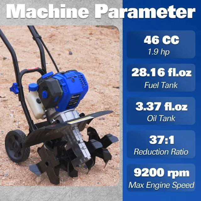 Alt view image 2 of 6 - 46cc 4-Cycle 1.9HP Gas Powered Tiller Cultivator - 16" Heavy-Duty Steel Tines Rototiller, Adjustable Wheels & Cushioned Handle Grips for Plowing, Tilling, Weeding in Garden, Farm