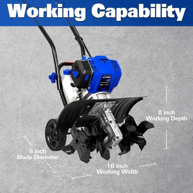 Alt view image 4 of 6 - 46cc 4-Cycle 1.9HP Gas Powered Tiller Cultivator - 16" Heavy-Duty Steel Tines Rototiller, Adjustable Wheels & Cushioned Handle Grips for Plowing, Tilling, Weeding in Garden, Farm
