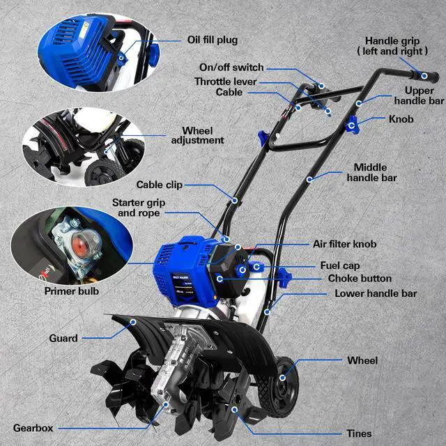 Alt view image 6 of 6 - 46cc 4-Cycle 1.9HP Gas Powered Tiller Cultivator - 16" Heavy-Duty Steel Tines Rototiller, Adjustable Wheels & Cushioned Handle Grips for Plowing, Tilling, Weeding in Garden, Farm