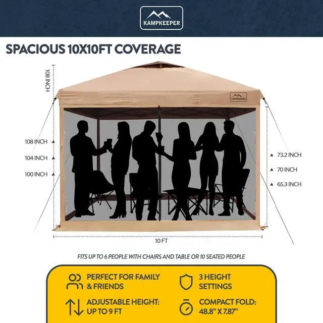 Alt view image 2 of 6 - 10x10 Pop-Up Canopy Tent, Waterproof Portable Shade with Screen Walls, Adjustable Instant Outdoor Shelter for Camping, Backyard, and Events, Khaki