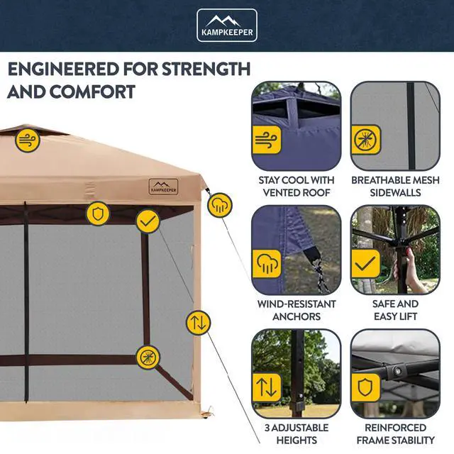 Alt view image 3 of 6 - 10x10 Pop-Up Canopy Tent, Waterproof Portable Shade with Screen Walls, Adjustable Instant Outdoor Shelter for Camping, Backyard, and Events, Khaki