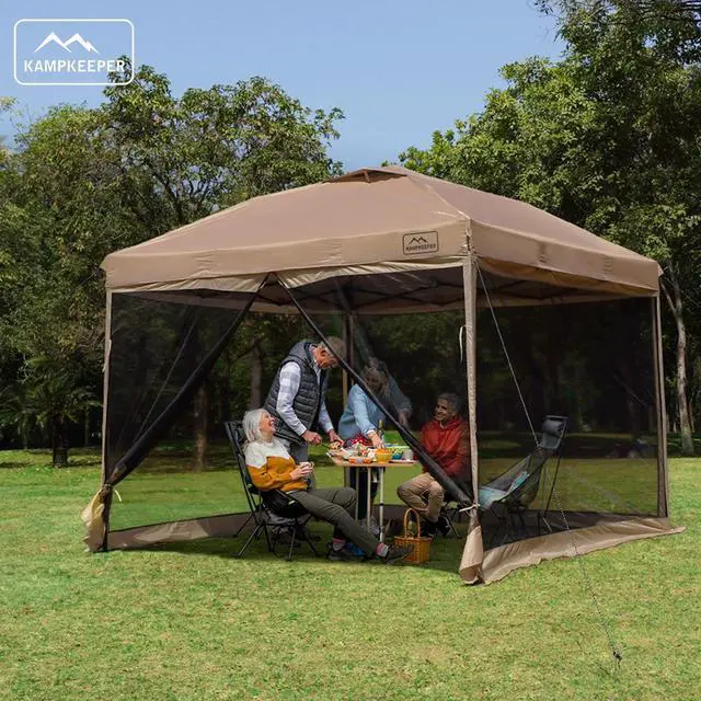 Alt view image 6 of 6 - 10x10 Pop-Up Canopy Tent, Waterproof Portable Shade with Screen Walls, Adjustable Instant Outdoor Shelter for Camping, Backyard, and Events, Khaki