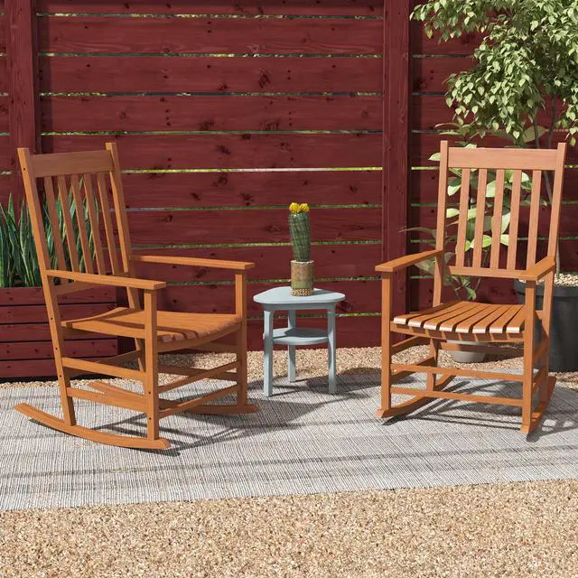 Alt view image 2 of 6 - Outdoor Rocking Chair Set of 2, Patio Rocking Chair with Smooth Curves, High Density Wooden Rockers for Lawn Garden Porch, Supports Up to 350lbs, Teak