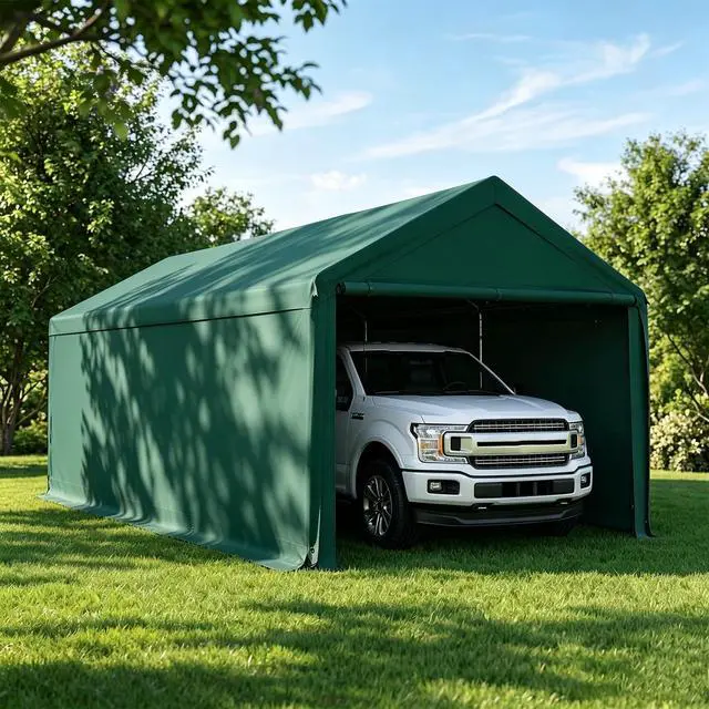 Main image of Carport 10x20 Ft Heavy Duty Canopy Steel Canopy Storage Shed,Portable Party Tent,Portable Garage with Removable Sidewalls & Doors All-Season Tarp for Carport Floor Fixing (Green)