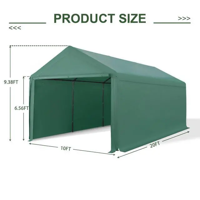 Alt view image 2 of 6 - Carport 10x20 Ft Heavy Duty Canopy Steel Canopy Storage Shed,Portable Party Tent,Portable Garage with Removable Sidewalls & Doors All-Season Tarp for Carport Floor Fixing (Green)