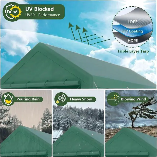 Alt view image 3 of 6 - Carport 10x20 Ft Heavy Duty Canopy Steel Canopy Storage Shed,Portable Party Tent,Portable Garage with Removable Sidewalls & Doors All-Season Tarp for Carport Floor Fixing (Green)