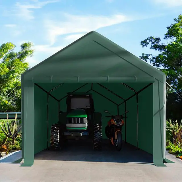Alt view image 6 of 6 - Carport 10x20 Ft Heavy Duty Canopy Steel Canopy Storage Shed,Portable Party Tent,Portable Garage with Removable Sidewalls & Doors All-Season Tarp for Carport Floor Fixing (Green)