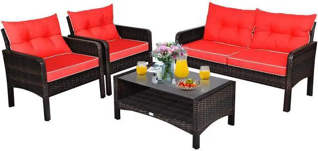 Main image of 4 Piece Patio Furniture Set, Outdoor Wicker Conversation Set with Glass Top Coffee Table, All Weather Proof and Thick Cushions, Suitable for Porch, Garden, Poolside and Lawn (Red)