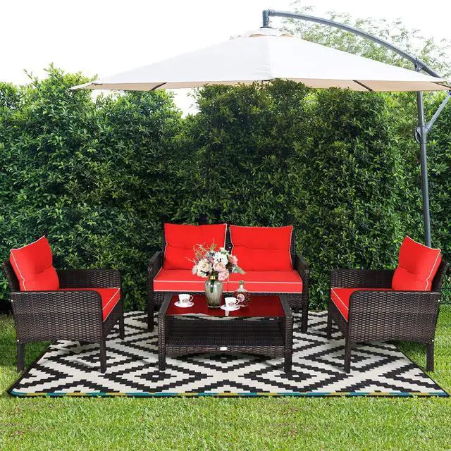 Alt view image 2 of 6 - 4 Piece Patio Furniture Set, Outdoor Wicker Conversation Set with Glass Top Coffee Table, All Weather Proof and Thick Cushions, Suitable for Porch, Garden, Poolside and Lawn (Red)