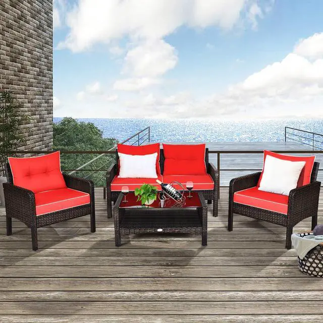 Alt view image 3 of 6 - 4 Piece Patio Furniture Set, Outdoor Wicker Conversation Set with Glass Top Coffee Table, All Weather Proof and Thick Cushions, Suitable for Porch, Garden, Poolside and Lawn (Red)