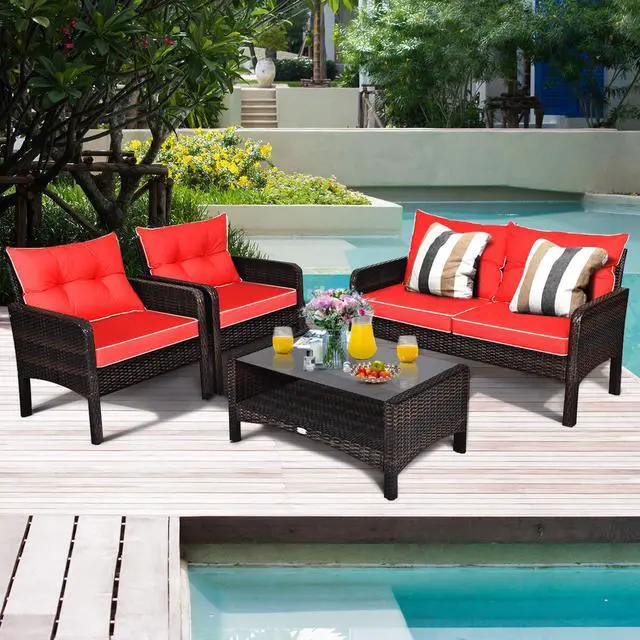 Alt view image 4 of 6 - 4 Piece Patio Furniture Set, Outdoor Wicker Conversation Set with Glass Top Coffee Table, All Weather Proof and Thick Cushions, Suitable for Porch, Garden, Poolside and Lawn (Red)
