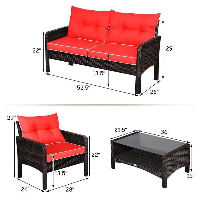 Alt view image 5 of 6 - 4 Piece Patio Furniture Set, Outdoor Wicker Conversation Set with Glass Top Coffee Table, All Weather Proof and Thick Cushions, Suitable for Porch, Garden, Poolside and Lawn (Red)