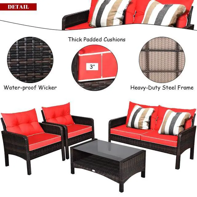 Alt view image 6 of 6 - 4 Piece Patio Furniture Set, Outdoor Wicker Conversation Set with Glass Top Coffee Table, All Weather Proof and Thick Cushions, Suitable for Porch, Garden, Poolside and Lawn (Red)