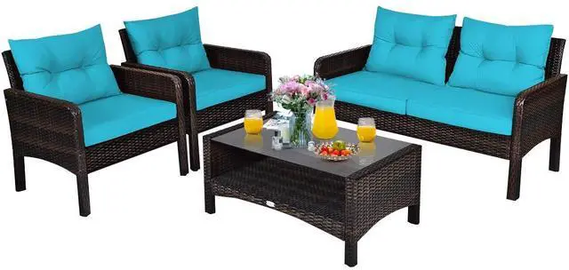 Main image of 4 Piece Patio Furniture Set, Outdoor Wicker Conversation Set with Glass Top Coffee Table, All Weather Proof and Thick Cushions, Suitable for Porch, Garden, Poolside and Lawn (Turquoise)