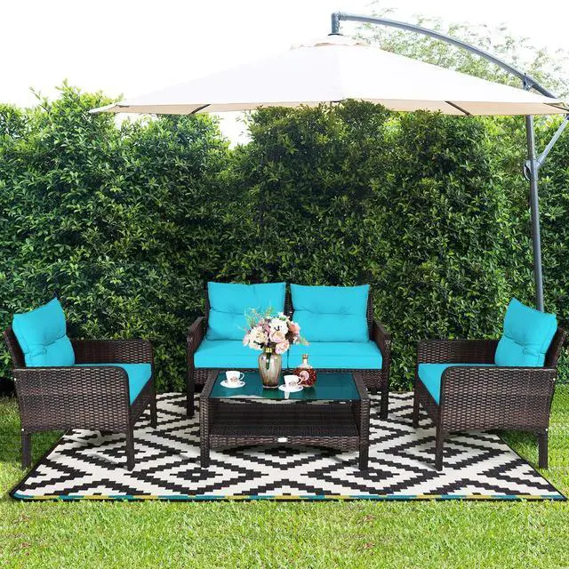 Alt view image 2 of 6 - 4 Piece Patio Furniture Set, Outdoor Wicker Conversation Set with Glass Top Coffee Table, All Weather Proof and Thick Cushions, Suitable for Porch, Garden, Poolside and Lawn (Turquoise)