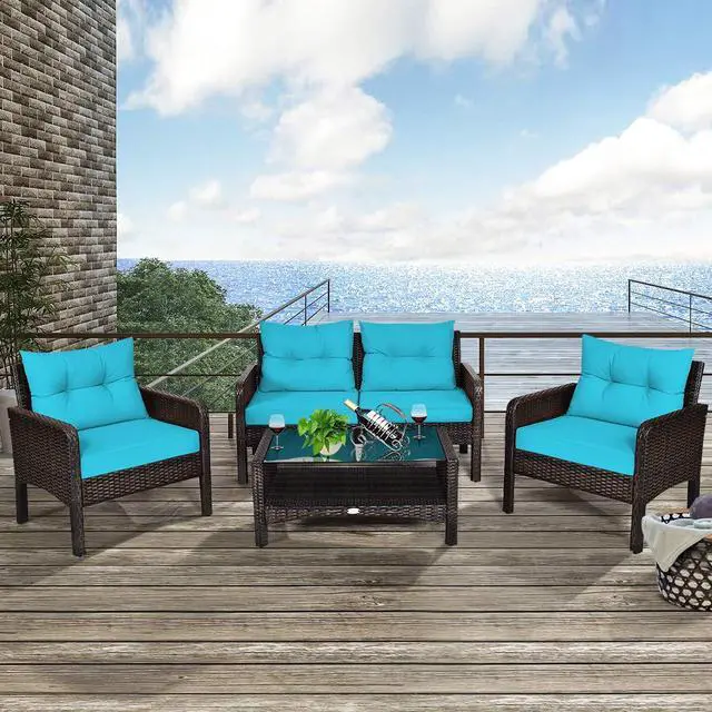 Alt view image 3 of 6 - 4 Piece Patio Furniture Set, Outdoor Wicker Conversation Set with Glass Top Coffee Table, All Weather Proof and Thick Cushions, Suitable for Porch, Garden, Poolside and Lawn (Turquoise)
