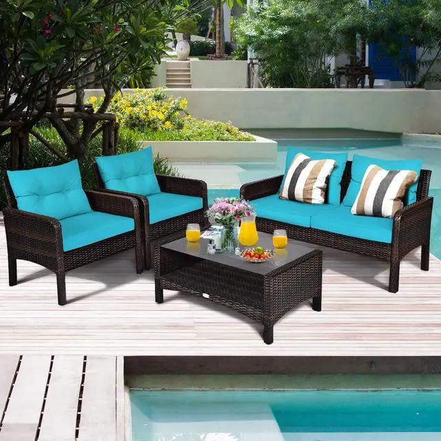 Alt view image 4 of 6 - 4 Piece Patio Furniture Set, Outdoor Wicker Conversation Set with Glass Top Coffee Table, All Weather Proof and Thick Cushions, Suitable for Porch, Garden, Poolside and Lawn (Turquoise)
