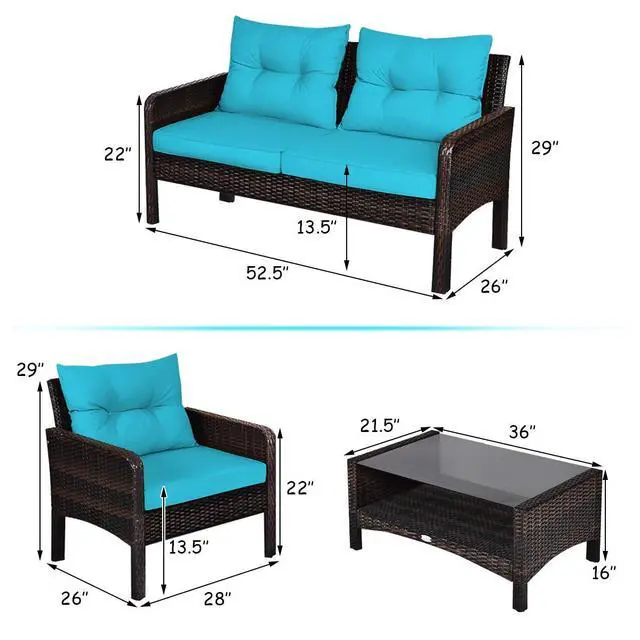 Alt view image 5 of 6 - 4 Piece Patio Furniture Set, Outdoor Wicker Conversation Set with Glass Top Coffee Table, All Weather Proof and Thick Cushions, Suitable for Porch, Garden, Poolside and Lawn (Turquoise)