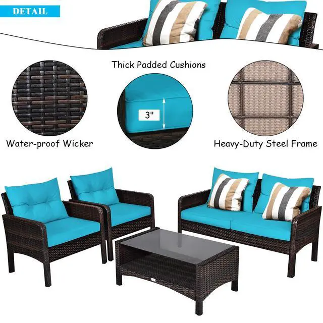 Alt view image 6 of 6 - 4 Piece Patio Furniture Set, Outdoor Wicker Conversation Set with Glass Top Coffee Table, All Weather Proof and Thick Cushions, Suitable for Porch, Garden, Poolside and Lawn (Turquoise)