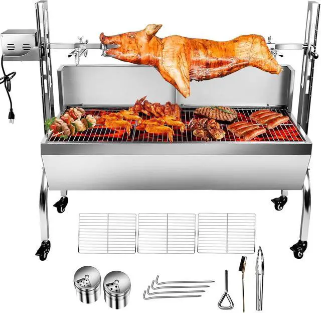 Main image of Stainless Steel Rotisserie Grill with Back Cover Guard, 25W Motor Small Pig Lamb Rotisserie Roaster, 48.7 Inch Charcoal BBQ Grill for Camping Outdoor Kitchen