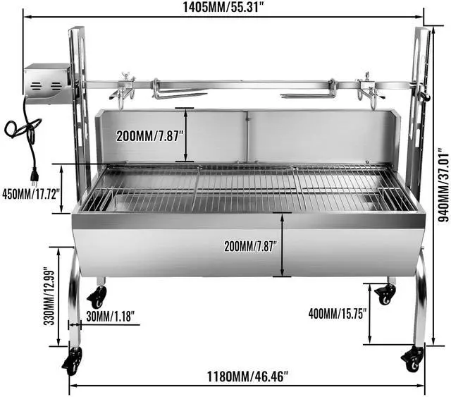 Alt view image 2 of 6 - Stainless Steel Rotisserie Grill with Back Cover Guard, 25W Motor Small Pig Lamb Rotisserie Roaster, 48.7 Inch Charcoal BBQ Grill for Camping Outdoor Kitchen