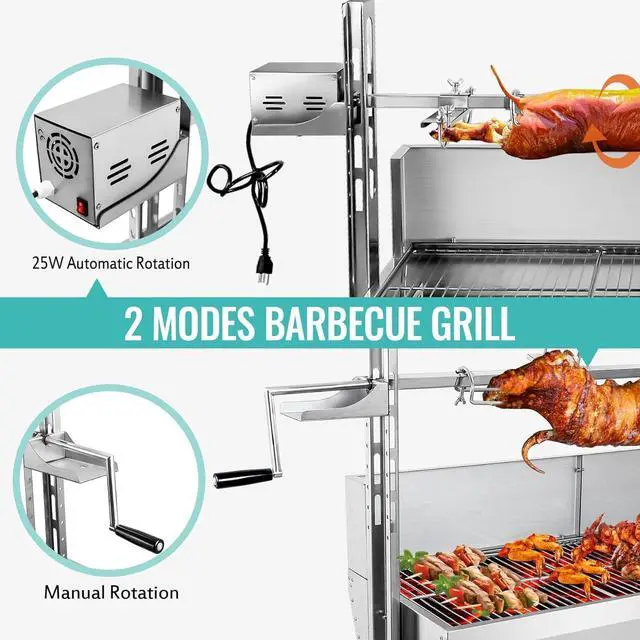 Alt view image 3 of 6 - Stainless Steel Rotisserie Grill with Back Cover Guard, 25W Motor Small Pig Lamb Rotisserie Roaster, 48.7 Inch Charcoal BBQ Grill for Camping Outdoor Kitchen