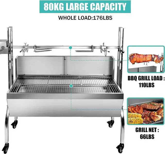 Alt view image 4 of 6 - Stainless Steel Rotisserie Grill with Back Cover Guard, 25W Motor Small Pig Lamb Rotisserie Roaster, 48.7 Inch Charcoal BBQ Grill for Camping Outdoor Kitchen