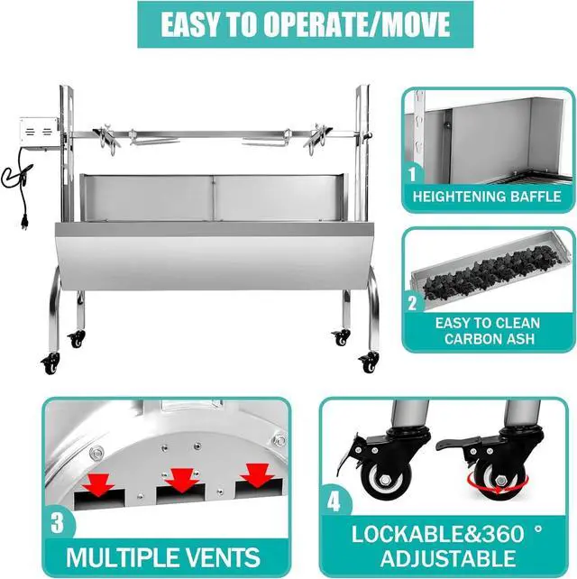 Alt view image 5 of 6 - Stainless Steel Rotisserie Grill with Back Cover Guard, 25W Motor Small Pig Lamb Rotisserie Roaster, 48.7 Inch Charcoal BBQ Grill for Camping Outdoor Kitchen