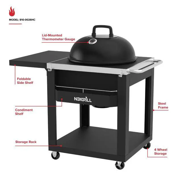 Alt view image 2 of 6 - 22" Charcoal Grill with Table Cart and Side Table, 358 SQ In Grate, Adjustable Air Vents, Integrated Temperature Gauge, Mobile Cart Barbecue Grill for Camping, Picnics, and More - 810-0026HC