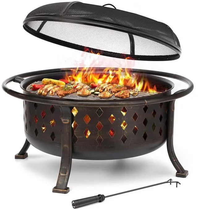 Main image of 36 Inch Fire Pits for Outside Large Outdoor Wood Burning Crossweave firepit Heavy Duty Steel Bronze Bonfire Pit for Patio Backyard Garden with BBQ Grate,Spark Screen,Log Grate,Poker