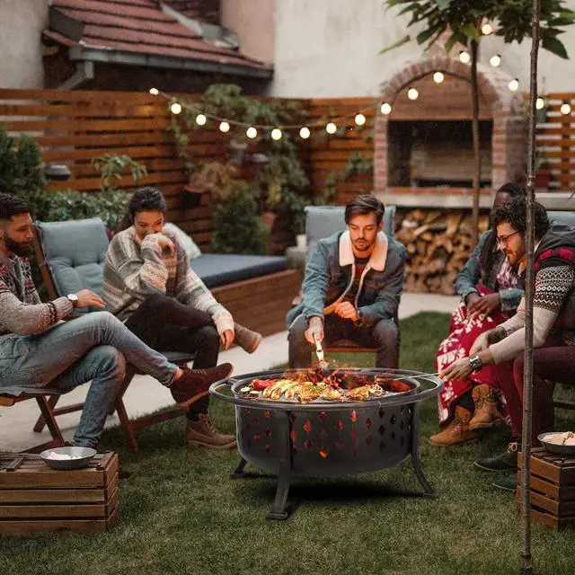 Alt view image 2 of 6 - 36 Inch Fire Pits for Outside Large Outdoor Wood Burning Crossweave firepit Heavy Duty Steel Bronze Bonfire Pit for Patio Backyard Garden with BBQ Grate,Spark Screen,Log Grate,Poker