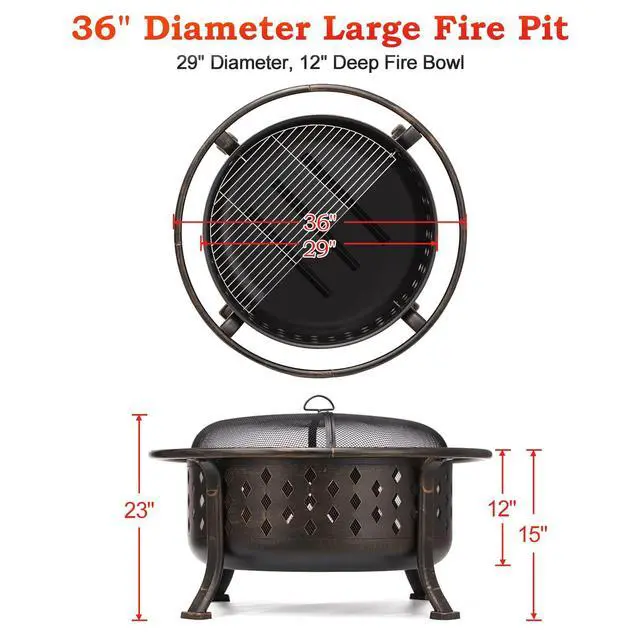 Alt view image 6 of 6 - 36 Inch Fire Pits for Outside Large Outdoor Wood Burning Crossweave firepit Heavy Duty Steel Bronze Bonfire Pit for Patio Backyard Garden with BBQ Grate,Spark Screen,Log Grate,Poker